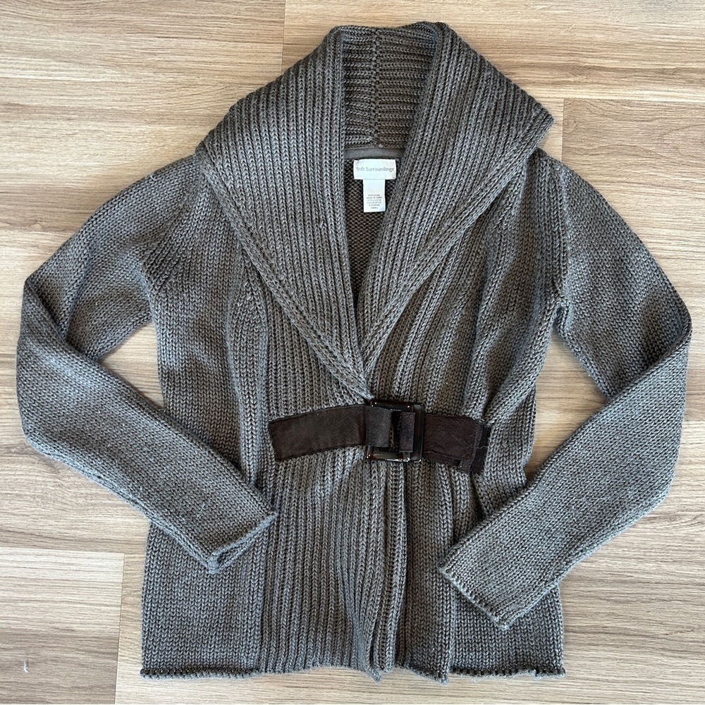 Soft Surroundings Country Weekend Belted Cardigan Sweater Shawl Collar Ribbed Kn